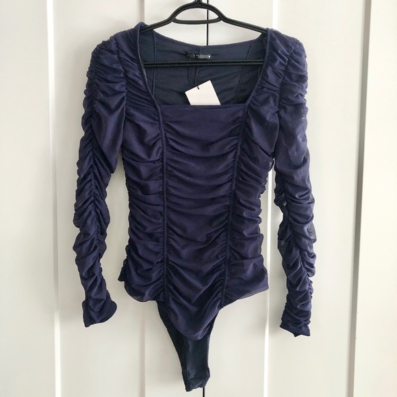 Zara, Ruched, Navy Blue, Tight, Fitted, Bodysuit, Size Med, NEW With Tags - Picture 1 of 12